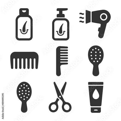 Collection of hair care and styling icons including hairdryer, combs, scissors, shampoo, and conditioner.