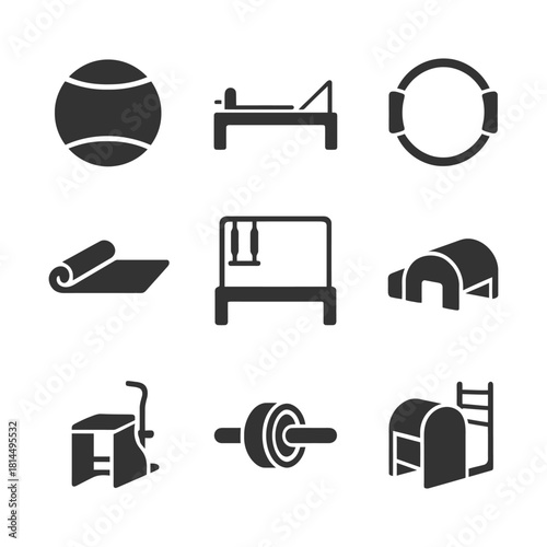 Set of pilates equipment icons for fitness and exercise.