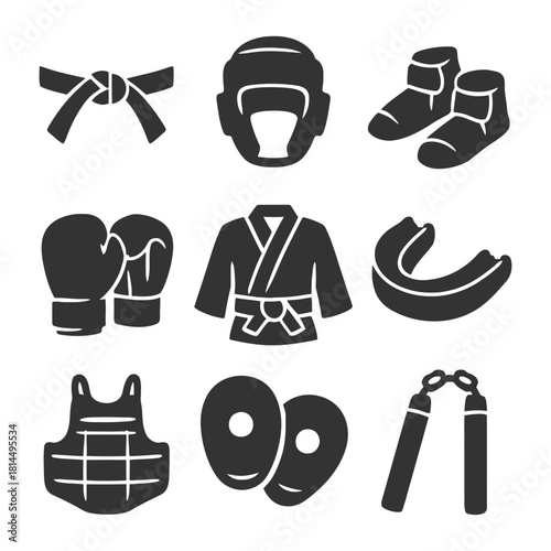 Martial arts gear: belt, helmet, gloves, gi, nunchaku, guard, pads, protective equipment.