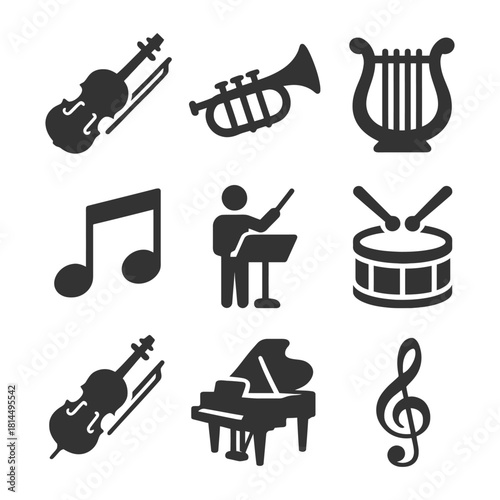 Musical instrument icons featuring violin, trumpet, lyre, note, conductor, drum, piano, treble clef.