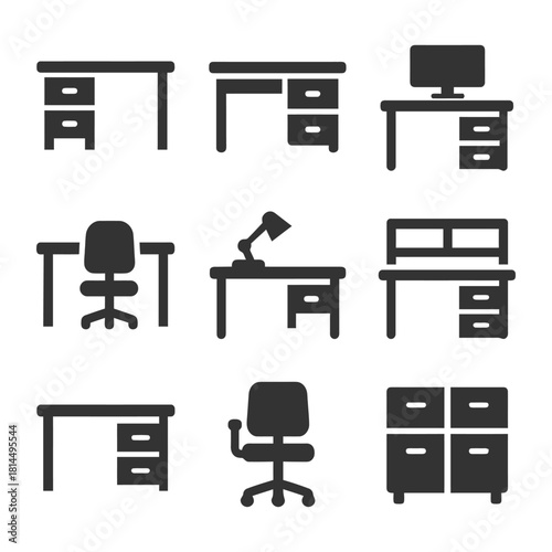 Office furniture icons: desks, chairs, lamps, storage units in black and white silhouette design.