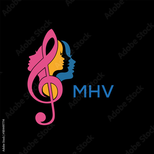 Multicolor Female Faces with Musical Note Logo, MHV LATER LOGO Colorful Music Logo with Female Faces
