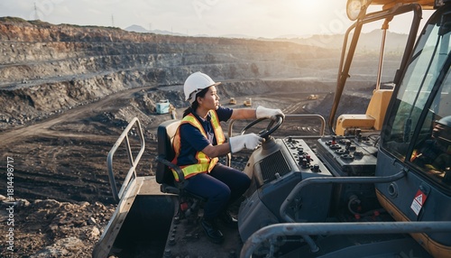 Female Construction Worker Operating Heavy Machinery in Open Pit Mine During Sunset
