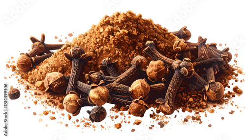 Mound of ground spice with scattered whole cloves around it