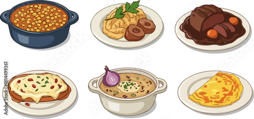 illustrated gastronomy exploring a rich tapestry of global comfort meals, isolated on transparent background