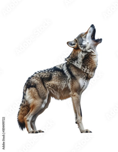 Howling coyote with brown, gray, and black fur, standing upright and looking up with its mouth open, isolated on white