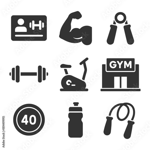 Gym equipment icons set: weights, exercise, fitness, training, cardio.