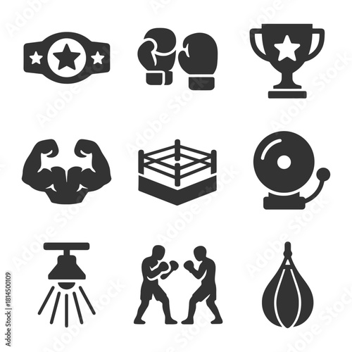 Boxing icons: gloves, ring, fighters, trophy, championship, muscle, bell, spotlight, speed bag.