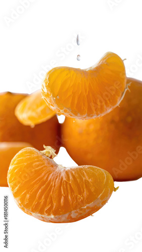Orange segments and whole oranges are arranged with one segment appearing to float mid-air. studio shot on white