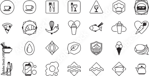 Food and drinks line art icons set isolated on white background