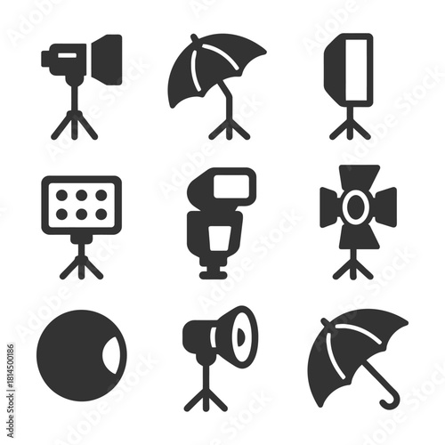Studio lighting equipment icons: flash, umbrella, softbox, reflector, spotlights.