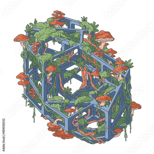 An artistic illustration showcases a geometric structure, overtaken by vibrant fungi and lush vegetation, blending nature and architecture.