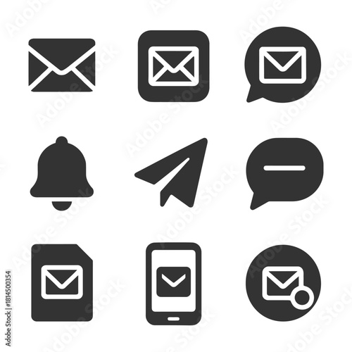 Email and messaging icons set featuring bell and paper plane symbols.