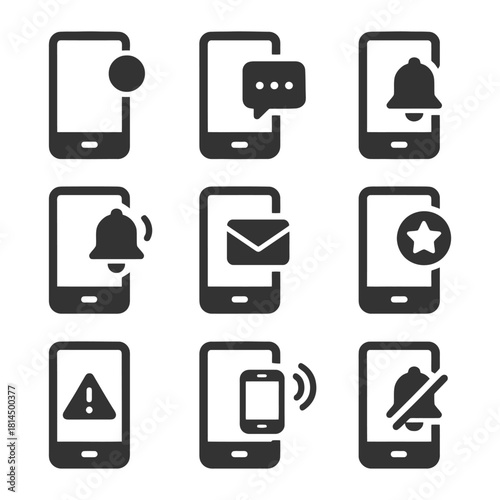 Mobile notification icons set: alarms, messages, alerts, and favorites.
