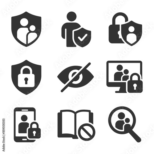 Privacy and security icons: shield, lock, eye, device, user protection.