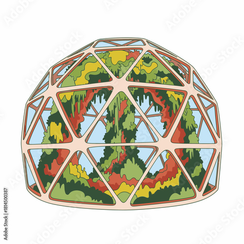 A vibrant illustration showcases a geodesic dome protecting a colorful tree, symbolizing environmental preservation and sustainable practices.