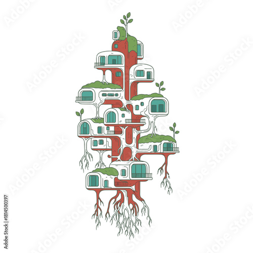 An artistic illustration depicts a futuristic treehouse community, showcasing sustainable living and innovative architectural design within a vibrant ecological setting.