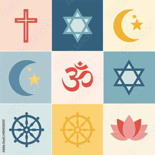 Collection of Religious Symbols Including Christian Cross, Star of David, Crescent Moon, Om Symbol, Dharma Wheel, and Lotus Flower
