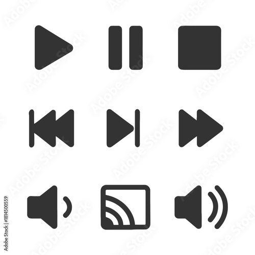 Media control icons: play, pause, stop, rewind, fast forward, volume, and cast.