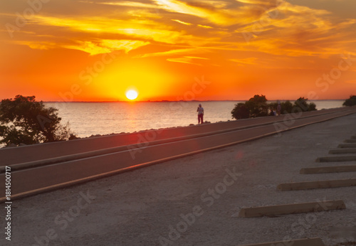 This photo captures a powerful silhouette of a person exercising along the Howard Frankland Bridge during a vibrant sunset. The dramatic twilight sky and glowing horizon create a striking backdrop