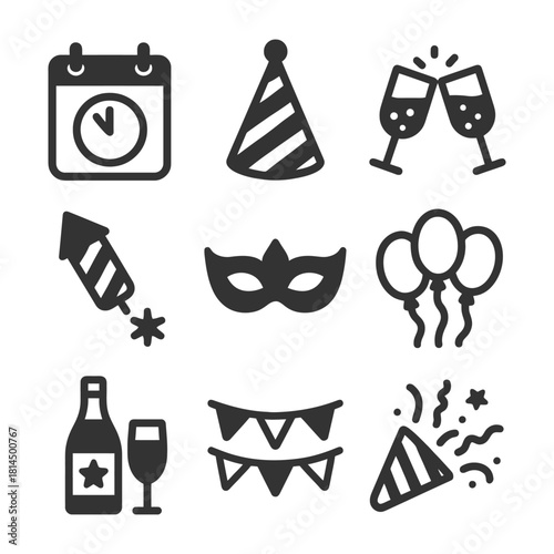 Celebration icons: party hat, champagne, fireworks, mask, balloons, garland, confetti.