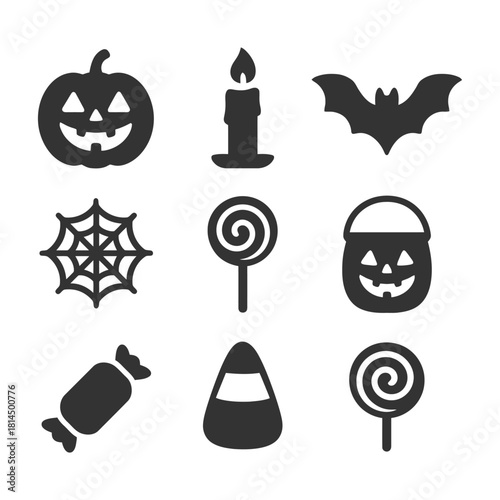 Halloween icons: pumpkin, candle, bat, spider web, lollipop, candy corn.