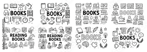 Black and white book and reading doodle set