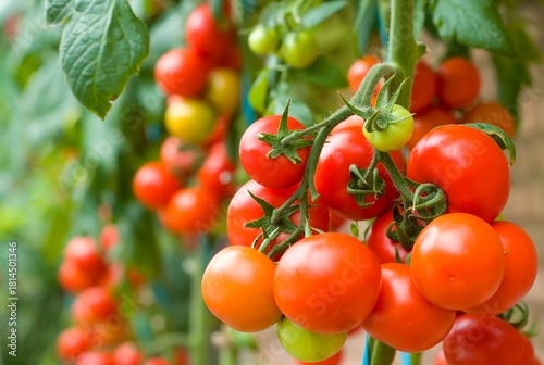 Ripe red tomatoes growing in clusters on healthy green vines inside a greenhouse, showcasing fresh organic produce ready for harvest.