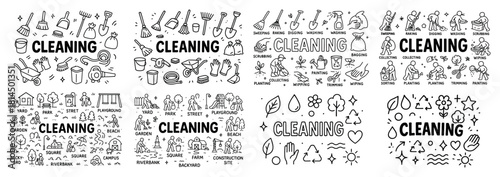 Cleaning tools and activities outline illustration