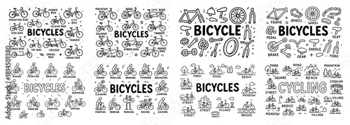 Bicycle types and activities line art collection