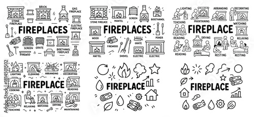 Fireplace icons set: designs and activities