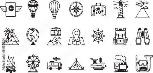 Travel line art icons set isolated on white background
