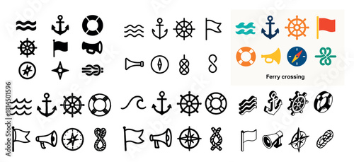 Nautical icons collection: anchors, flags