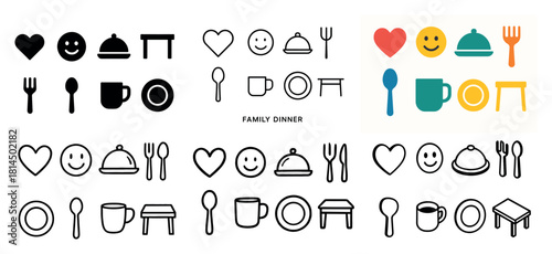 Assorted dining icons with emoji faces