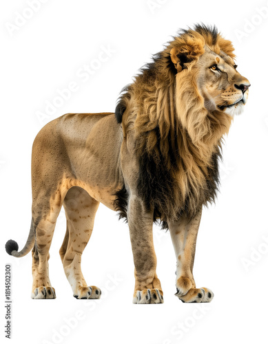 Lion with a dark mane and tan fur standing in a full body pose, facing right, looking upward slightly, isolated on white