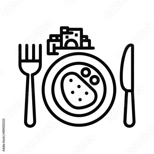 Line art icon of a dining plate with food, fork, knife, and city buildings, symbolizing culinary travel