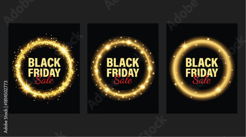 Black Friday Sale Banners with Golden Glowing Circles.