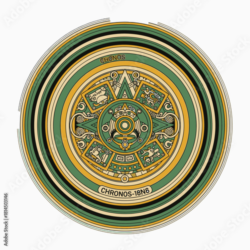 Intricate Aztec calendar stone inspired graphic illustration with ancient symbols and modern design elements, depicting time and cultural heritage.