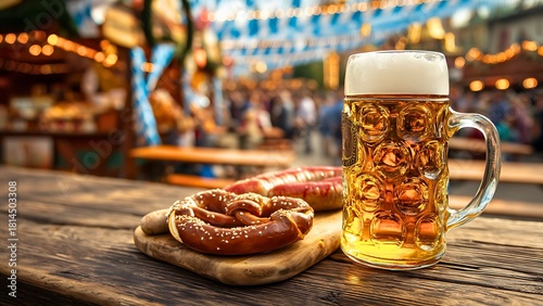 A refreshing mug of beer, a pretzel and sausage on a rustic wooden table. It's a perfect meal at an outdoor event