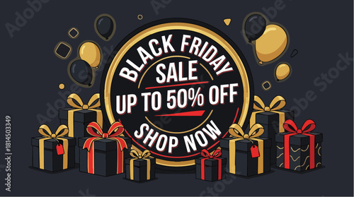 Black Friday Sale Promotional Banner with Gifts and Balloons.