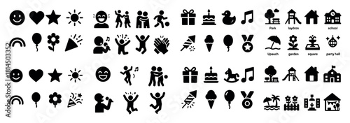 Black icon set: emoticons, objects, places