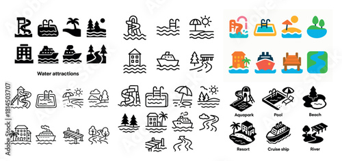 Aquapark and beach icon collection