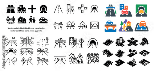 Urban road and transport icons set