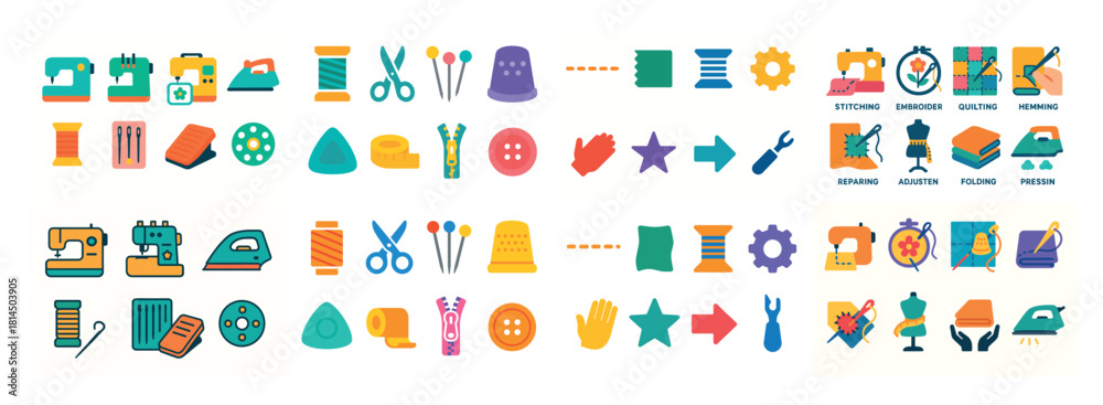 Fototapeta premium Colorful sewing tools and icons set