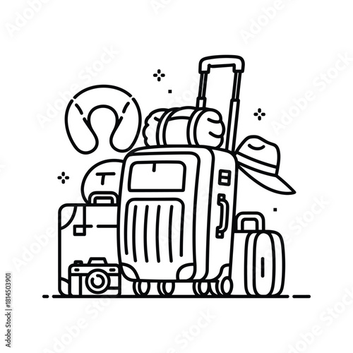 Collection of travel luggage and accessories including suitcases, camera, neck pillow, and hat