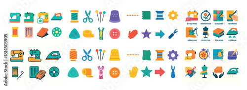 Colorful sewing tools and icons set