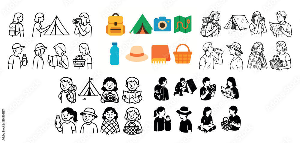 Fototapeta premium Camping activities and outdoor gear icons