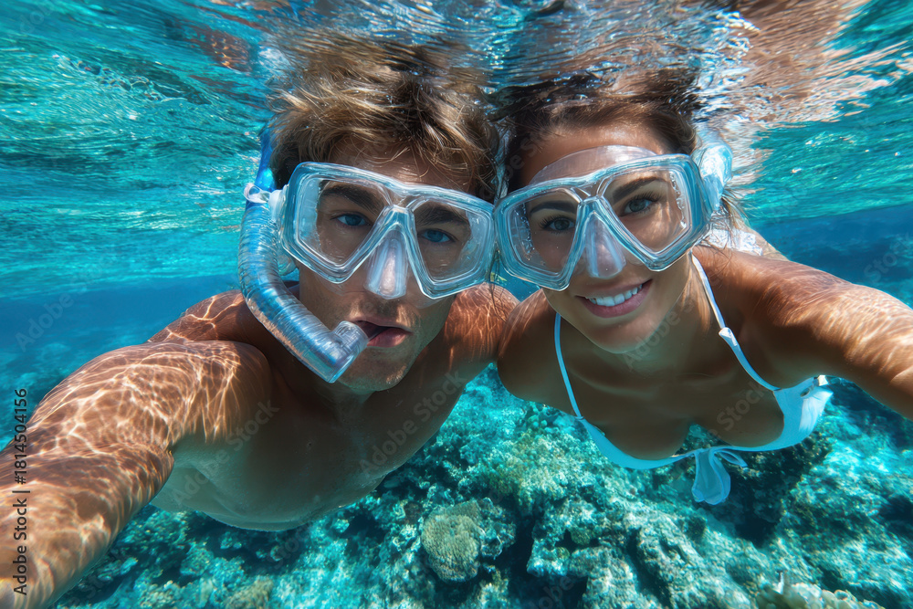 Fototapeta premium Snorkeling adventure at a coral reef in crystal clear ocean waters during a sunny day