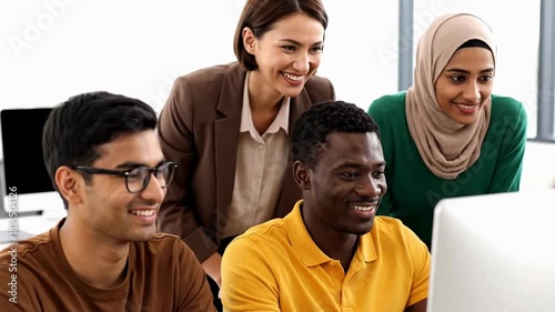 Happy Diverse Colleagues Collaborating in a Modern Office
