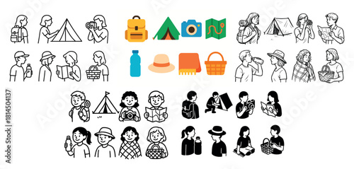 Camping activities and outdoor gear icons